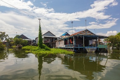 beautiful rural landscape of floating house at kampong phluk floating village within tonle sap, freshwater lake in cambodia and the largest freshwater lake in southeast asia
