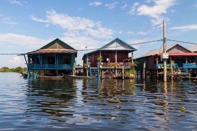 beautiful rural landscape of floating house at kampong phluk floating village within tonle sap, freshwater lake in cambodia and the largest freshwater lake in southeast asia
