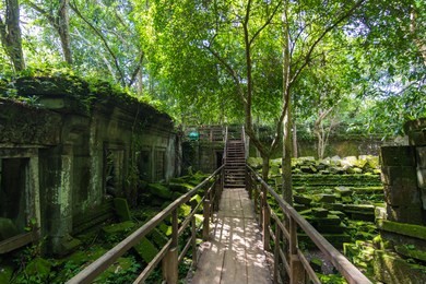 the hidden beauty of ancient temple ruins in the middle of jungle forest temple of beng mealea temple, siem reap, cambodia.