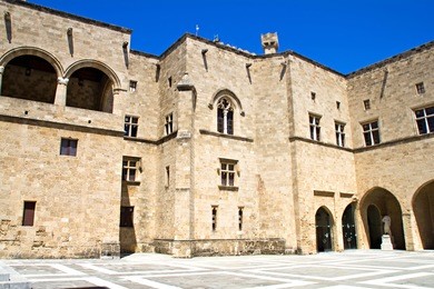 the courtyard of the palace of grand master of the order of st. john. old town of rhodes is a unesco world heritage site, rhodes island, greece
