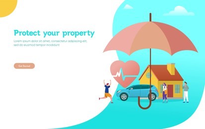 property and health insurance vector illustration concept, agent with big umbrella cover house car and money 
can use for, landing page, template, ui, web, mobile app, poster, banner, flyer