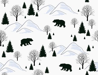 beautiful hand drawn christmas seamless pattern, background with bear, winter forest landscape, mountains. isolated on white background.holiday background.unique hand drawn texture.vector illustration