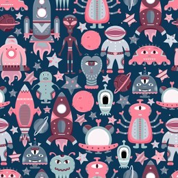 the vector cartoon seamless pattern with flat aliens, spaceships, planets, satellites and cosmonaut. funny characters.