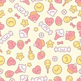 seamless kawaii pattern with cute cakes.