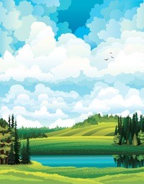 green vector summer landscape with forest, river and hill on a cloudy sky background