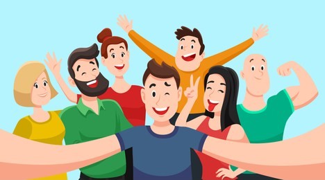 people group selfie. friendly guy makes group photo with smiling friends on smartphone camera in hands, taking self portrait photos. telephone photography vector cartoon illustration
