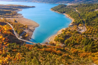 amazing view on verdon park naturel. canyon gorges du verdon. view to the grand canyon du verdon. moustiers sainte marie, france. autumn forest lake reflection landscape. mountain road. for design top