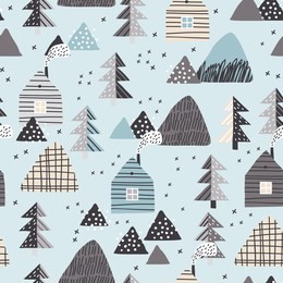 baby seamless pattern with a mountain landscape, houses and forest. perfect for cards, invitations, wallpaper, banners, kindergarten, baby shower, children room decoration. scandinavian landscape.