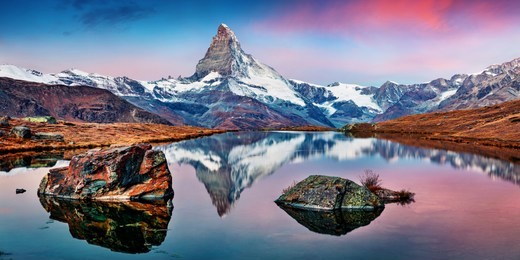 panoramic morning view of stellisee lake with matterhorn / cervino peak on background. impressive autumn scene of swiss alps, zermatt resort location, switzerland, europe. 