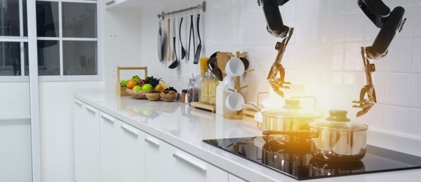 smart handy dexterous chef robotic assistant in kitchen technology concept, robot hand receive an order and cooking the recipe by program and it can self-teaching technology for update the new menu