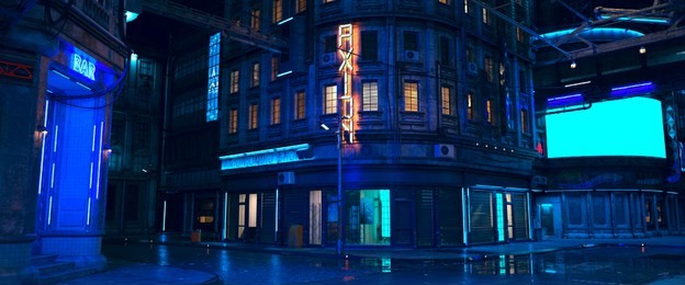 photorealistic 3d illustration of the futuristic city in the style of cyberpunk. empty street with neon lights. beautiful night cityscape.