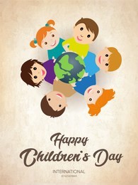 happy children's day poster with happy kids around the world illustration with typography text or font - 20 november 