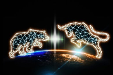 polygonal bull and bear shape writing by lines and dots over part of earth with sun rise and lens flare background, elements of this image furnished by nasa