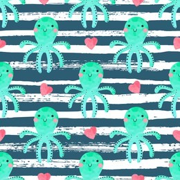seamless pattern with cute octopuses and hearts on a striped background. illustration for children in a vector.