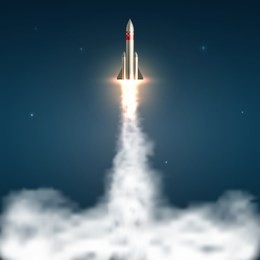 space rocket launch. spaceship take off with fire and jet smoky trail. space travel and start up isolated vector illustration