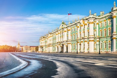 winter palace on palace square in st. petersburg and the admiralty in the distance on a sunny morning