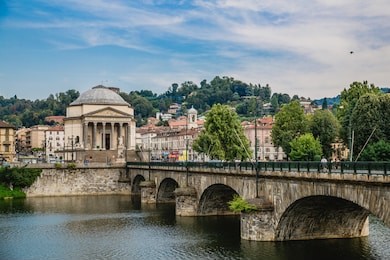 view on gran madre square with church and vittorio emanuele statue and bridge in turin city, italy