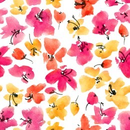 watercolor and ink illustration of yellow, red and pink flowers. sumi-e, u-sin painting. seamless pattern.