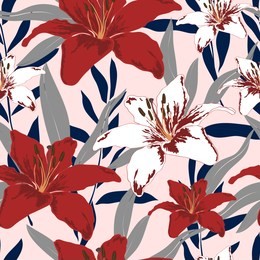 blossom floral seamless pattern. lily flowers, branches, leaves scattered random. trendy abstract color vector texture. good for fashion prints, fabric, design. hand drawn flowers on pink background