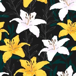 blossom floral seamless pattern. lily flowers with branches and leaves scattered random. trendy abstract vector texture. good for fashion prints, fabric, design. hand drawn flowers on black background