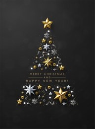 christmas tree made of cutout gold foil and white paper stars, silver glitter snowflakes and beads on black background. chic christmas greeting card