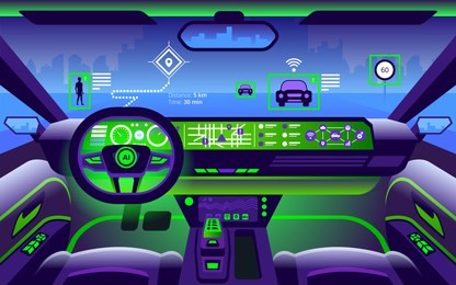 autonomous smart car interior. self driving at city landscape. display shows information about the vehicle is moving, gps, travel time, scan distance assistance app. future concept vector illustration