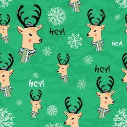 seamless hand drawn pattern with new year deer on green background.vector.deer in a hat with a scarf. snowflakes.new year wallpapers,printing fabric wrapping paper