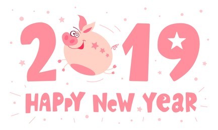 cute cartoon happy piggy flying character, funny, smile, nose, heart, piglet, pink. greeting lettering, asian symbol mascot year of pig design chinese new year 2019. hand drawn vector illustration.