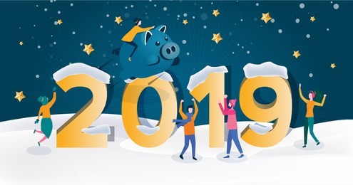 2019 chinese new year. happy new year 2019 vector illustration, christmas card, year of opportunities for startup launch, start of business project. big solution! happy holidays. ny party.