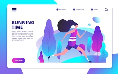 fitness landing page. sporty girl running in summer park. healthy people workout outdoor. sport lifestyle and training vector concept