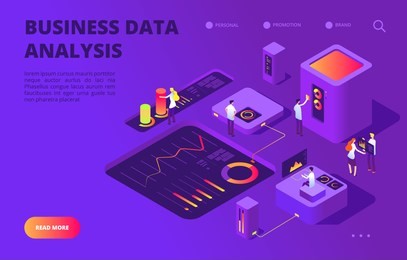 data analysis isometric concept. people work on infographic chart, dashboard database. digital technology landing vector page