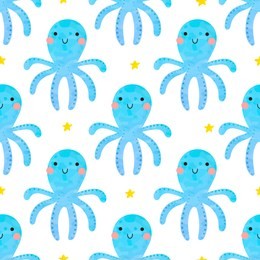 seamless pattern with cute octopuses and stars on a white background. illustration for children in a vector.