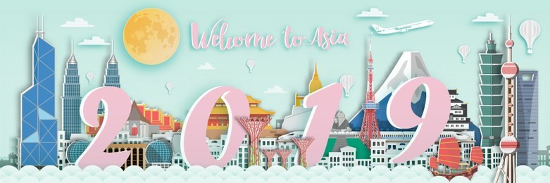 famous landmark for travel card in asia 2019 ,japan,thailand,hongkong,singapore,malaysia,china in paper art style.