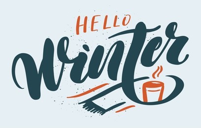 hand drawn lettering "hello winter". logo vector design, doodle style. lettering for web, congratulations, promotional pictures news, invitations, postcards, banners, posters