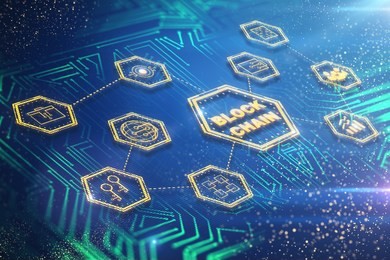 creative blockchain background with circuit. block chain and future concept. 3d rendering 