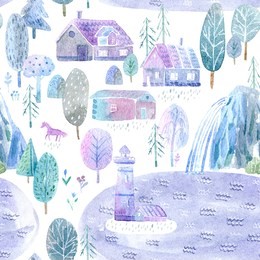 seamless pattern of a mountain, waterfall, village,forest, horse,lake and floral.landscape.watercolor hand drawn illustration.white background.