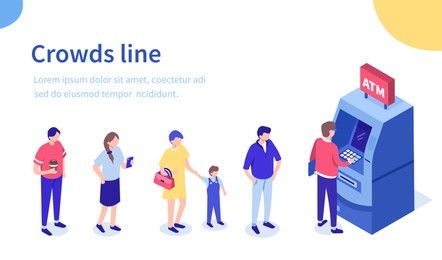 people waiting in line near atm machine. can use for web banner, infographics, hero images. flat isometric vector illustration isolated on white background. 