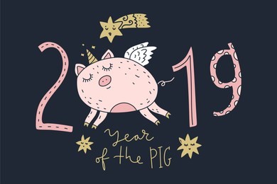 doodle stylish postcard for new year 2019 with cute unicorn pig face. symbol in the chinese calendar. cartoon doodle style. isolated vector illustration.