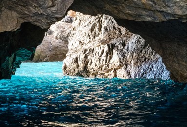 the green grotto (also known as the emerald grotto), grotta verde, on the coast of the island of capri in the bay of naples, italy.