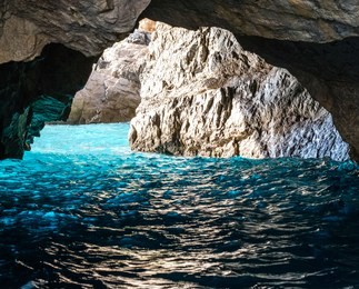 the green grotto (also known as the emerald grotto), grotta verde, on the coast of the island of capri in the bay of naples, italy.