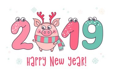 cute card design with cartoon funny pig and with smiling numerals and opened eyes. trendy symbol of 2019 new year. the best gift postcard. vector illustration on white background.