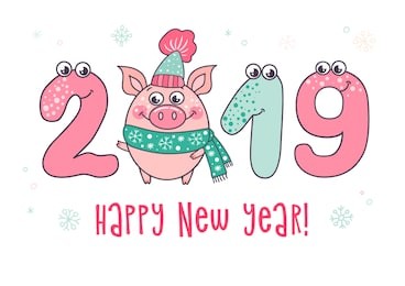 cute card design with cartoon funny pig and with smiling numerals and opened eyes. trendy symbol of 2019 new year. the best gift postcard. vector illustration on white background.