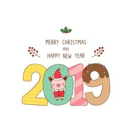 merry christmas and happy new year greeting card. pig chinese zodiac symbol of the year. cute pig and numbers 2019 cerebrating. flat design. colored vector illustration.