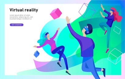 man and woman wearing virtual reality headset and looking at abstract sphere. colorful vr world. virtual augmented reality glasses concept with people learning and entertaining. landing page template