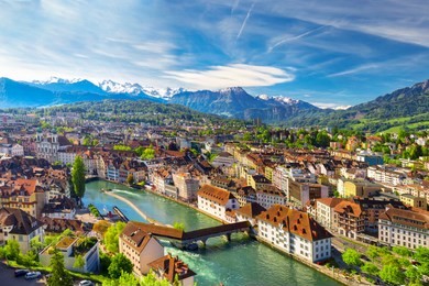historic city center of lucerne with famous chapel bridge and lake lucerne (vierwaldstattersee), canton of luzern, switzerland