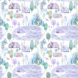 seamless pattern of a mountain, waterfall, village,forest, horse,lake and floral.landscape.watercolor hand drawn illustration.white background.