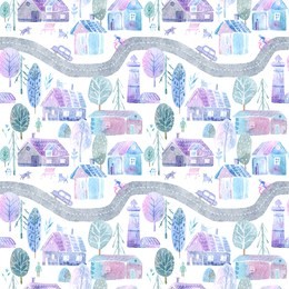 seamless pattern of a road, village, animals, forest, people,car and floral.landscape.watercolor hand drawn illustration.white background.