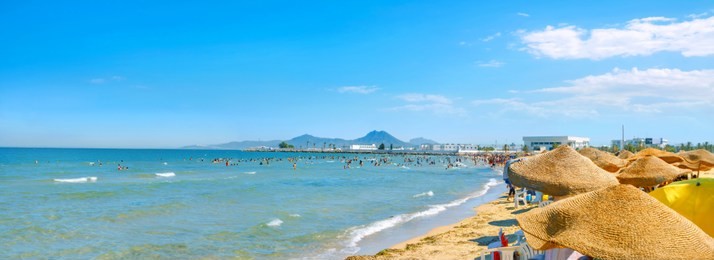 panoramic view of urban beach in tunis town. tunisia, north africa