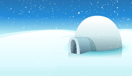 igloo and polar icy background/ illustration of a cartoon igloo house inside white icy north pole winter landscape