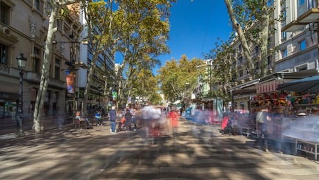 la rambla street in barcelona timelapse hyperlapse, spain. thousands of people walk daily by this popular pedestrian area. crowded place